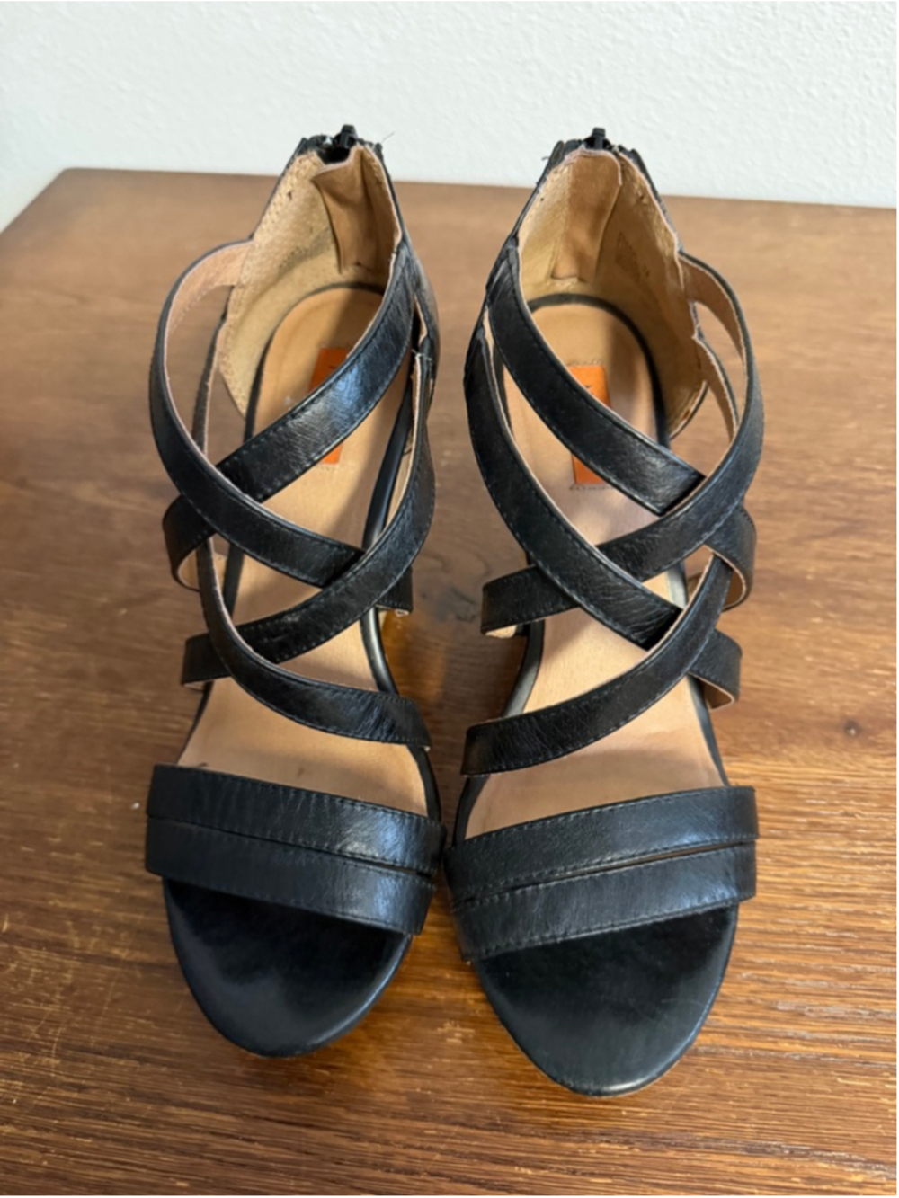 Miz Mooz Kiara Black Leather Strappy Cork Wedge Sandals Womens 7.5 Gladiator